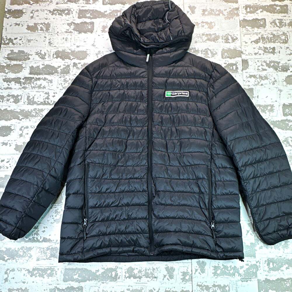 Enterprise Black Hooded Puffer Jacket Full Zip Quilted Logo Accents Men’s XL